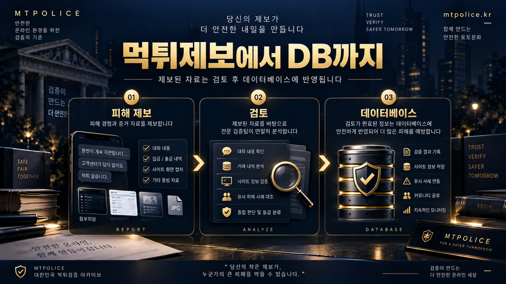 먹튀제보에서 DB까지 - 제보된 자료는 검토 후 데이터베이스에 반영됩니다.